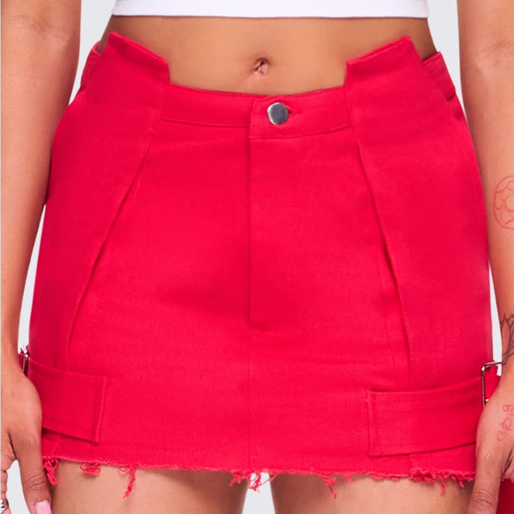 Red Distressed Denim Mini Skirt